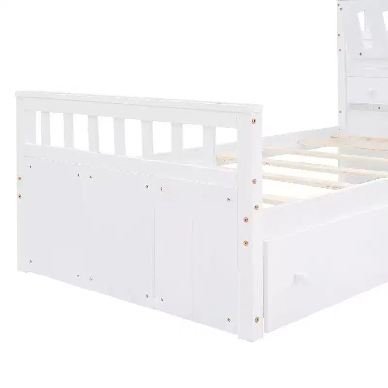 Letto a soppalco matrimoniale a L grigio e bianco con letto a piattaforma matrimoniale, 7 cassetti, sponde di protezione complete, per 2 persone
