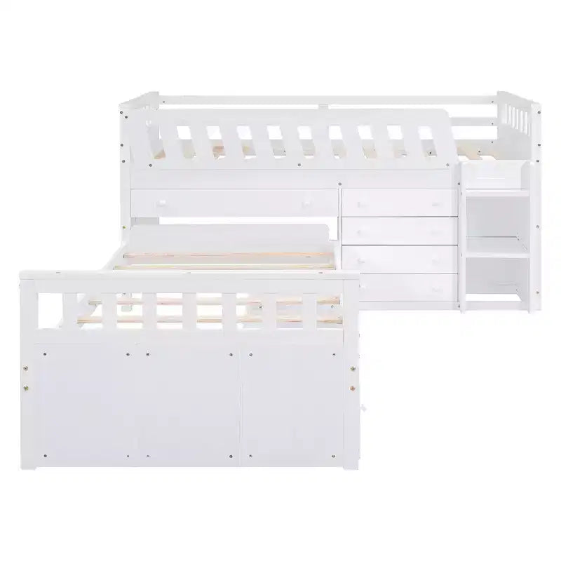 Letto a soppalco matrimoniale a L grigio e bianco con letto a piattaforma matrimoniale, 7 cassetti, sponde di protezione complete, per 2 persone