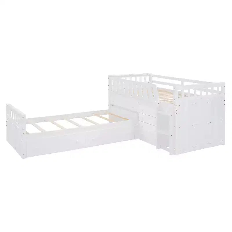 Letto a soppalco matrimoniale a L grigio e bianco con letto a piattaforma matrimoniale, 7 cassetti, sponde di protezione complete, per 2 persone