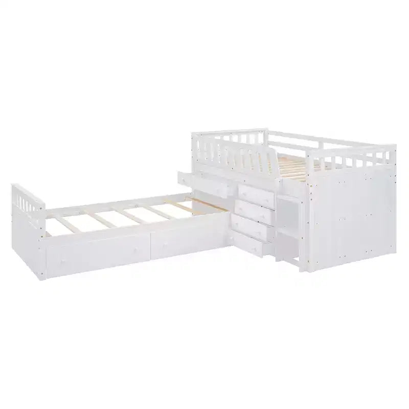 Letto a soppalco matrimoniale a L grigio e bianco con letto a piattaforma matrimoniale, 7 cassetti, sponde di protezione complete, per 2 persone