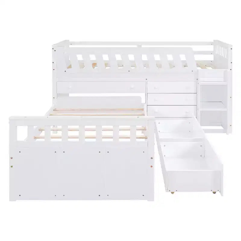 Letto a soppalco matrimoniale a L grigio e bianco con letto a piattaforma matrimoniale, 7 cassetti, sponde di protezione complete, per 2 persone