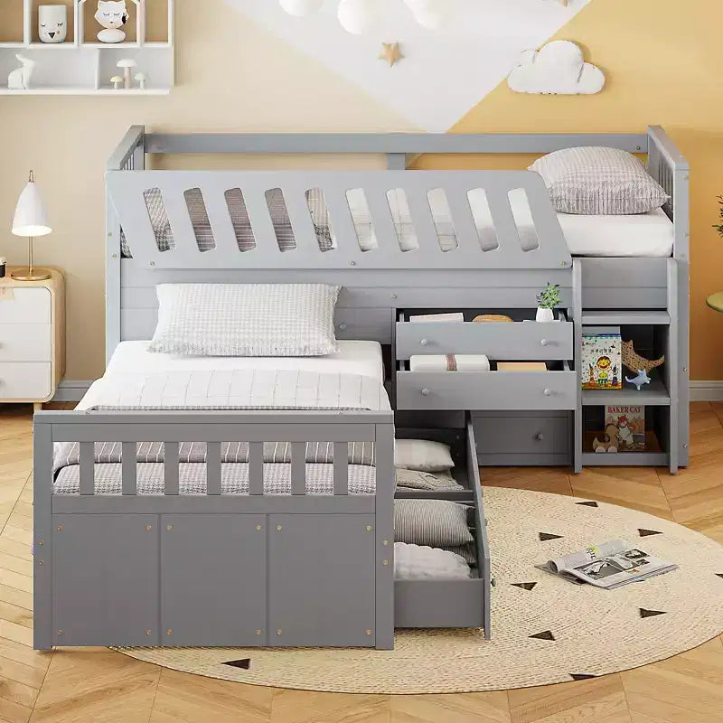 Letto a soppalco matrimoniale a L grigio e bianco con letto a piattaforma matrimoniale, 7 cassetti, sponde di protezione complete, per 2 persone