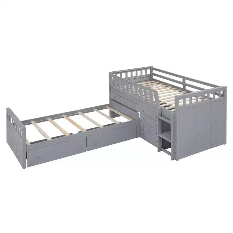 Letto a soppalco matrimoniale a L grigio e bianco con letto a piattaforma matrimoniale, 7 cassetti, sponde di protezione complete, per 2 persone