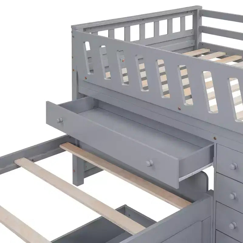Letto a soppalco matrimoniale a L grigio e bianco con letto a piattaforma matrimoniale, 7 cassetti, sponde di protezione complete, per 2 persone