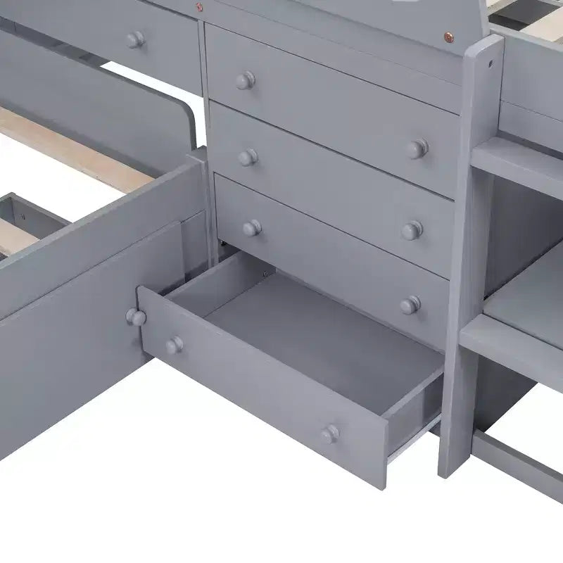 Letto a soppalco matrimoniale a L grigio e bianco con letto a piattaforma matrimoniale, 7 cassetti, sponde di protezione complete, per 2 persone