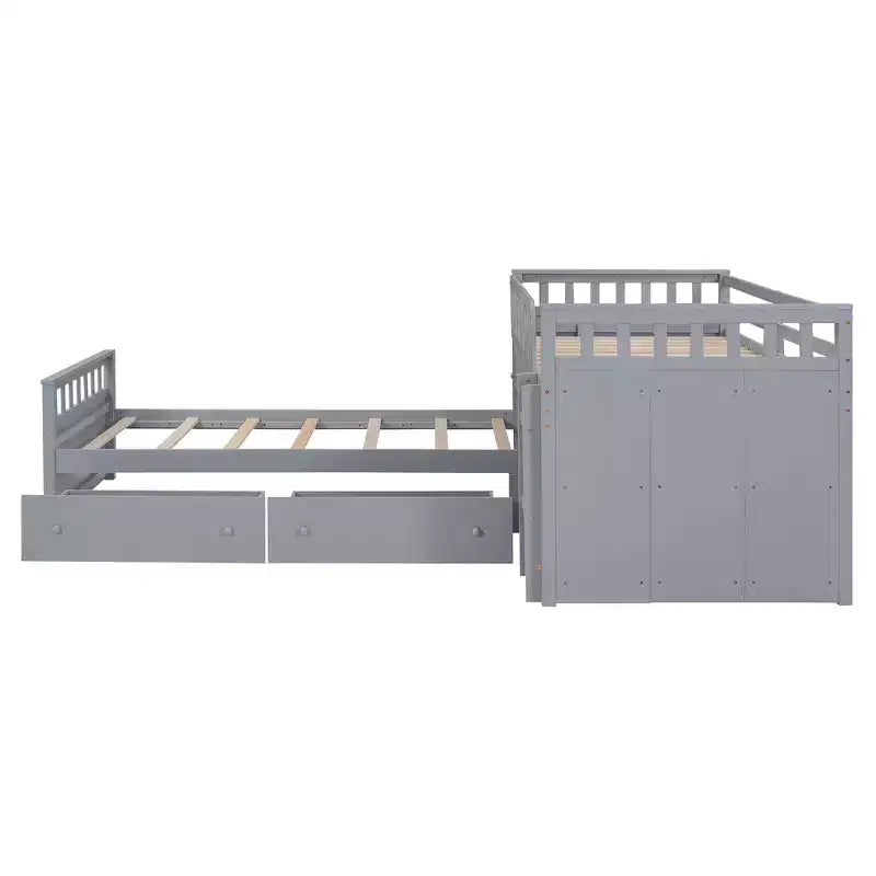 Letto a soppalco matrimoniale a L grigio e bianco con letto a piattaforma matrimoniale, 7 cassetti, sponde di protezione complete, per 2 persone