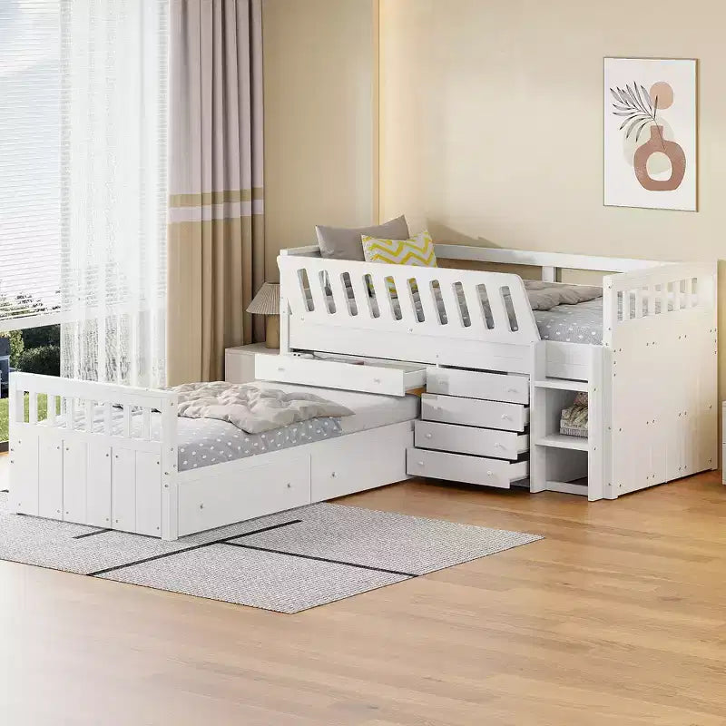 Letto a soppalco matrimoniale a L grigio e bianco con letto a piattaforma matrimoniale, 7 cassetti, sponde di protezione complete, per 2 persone