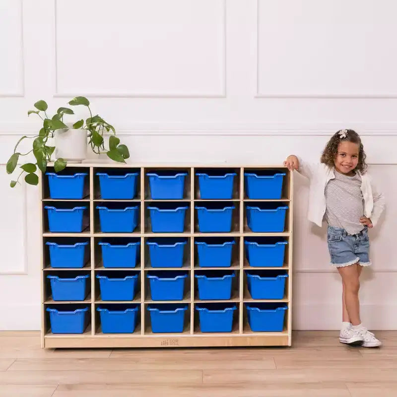 Armadietto portaoggetti mobile con 25 scomparti, 5x5, per bambini, blu/trasparente/contemporaneo/tonalità della terra