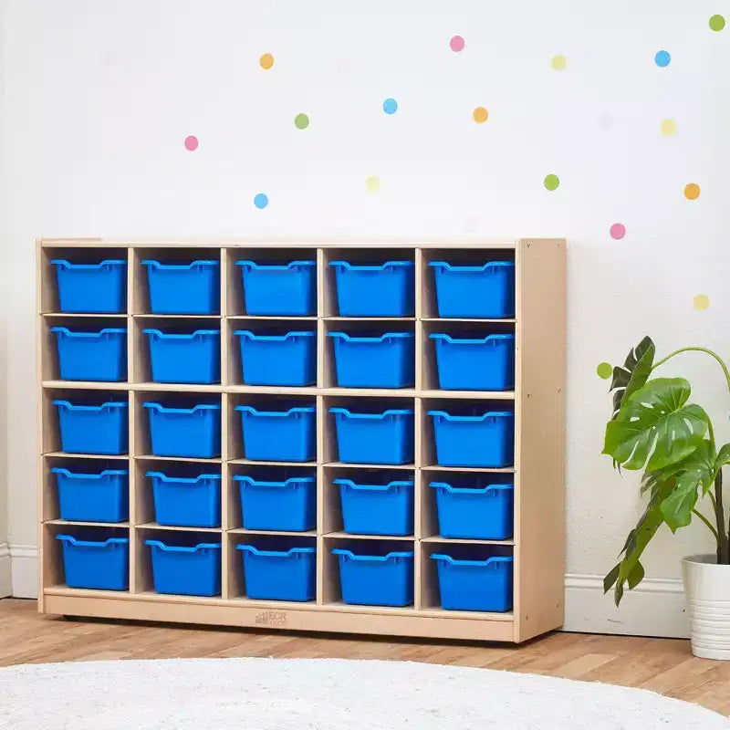 Armadietto portaoggetti mobile con 25 scomparti, 5x5, per bambini, blu/trasparente/contemporaneo/tonalità della terra