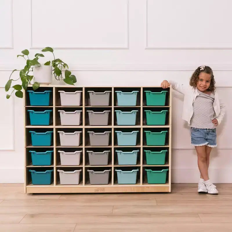 Armadietto portaoggetti mobile con 25 scomparti, 5x5, per bambini, blu/trasparente/contemporaneo/tonalità della terra