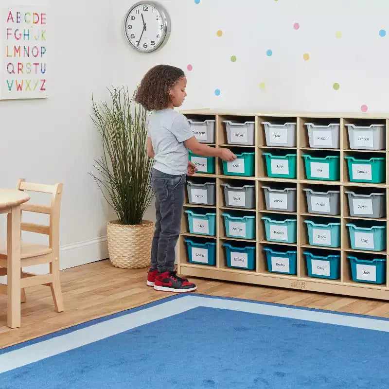 Armadietto portaoggetti mobile con 25 scomparti, 5x5, per bambini, blu/trasparente/contemporaneo/tonalità della terra