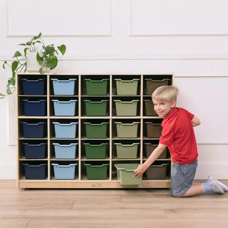 Armadietto portaoggetti mobile con 25 scomparti, 5x5, per bambini, blu/trasparente/contemporaneo/tonalità della terra