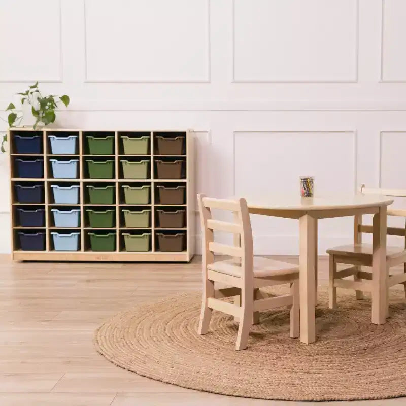 Armadietto portaoggetti mobile con 25 scomparti, 5x5, per bambini, blu/trasparente/contemporaneo/tonalità della terra