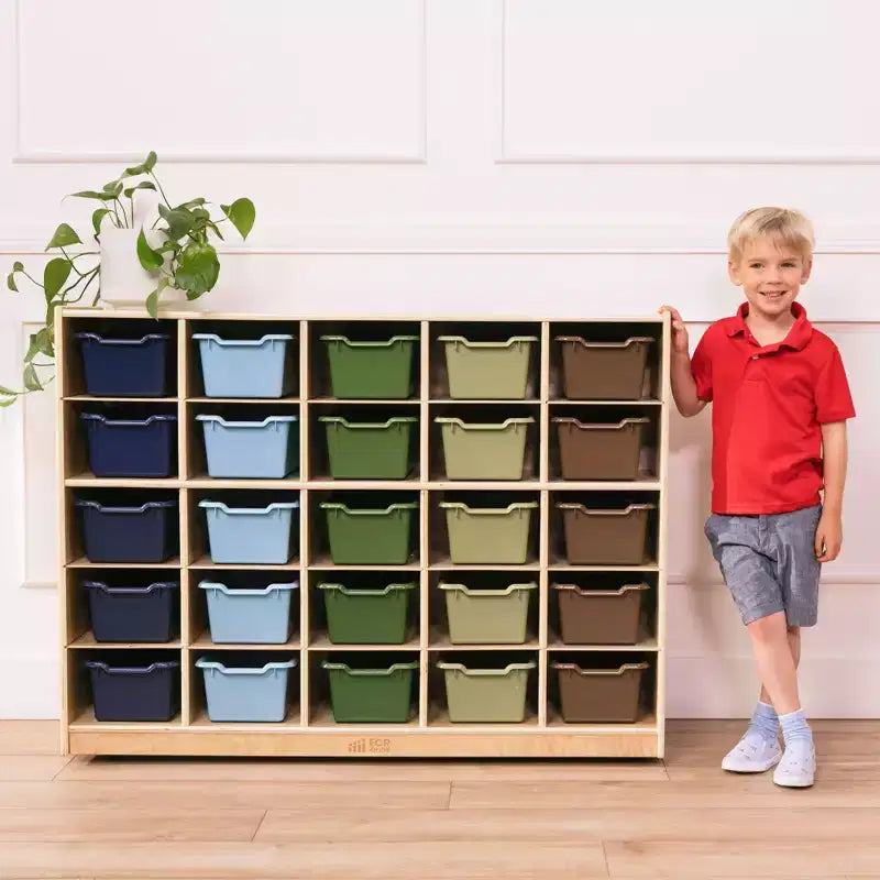 Armadietto portaoggetti mobile con 25 scomparti, 5x5, per bambini, blu/trasparente/contemporaneo/tonalità della terra