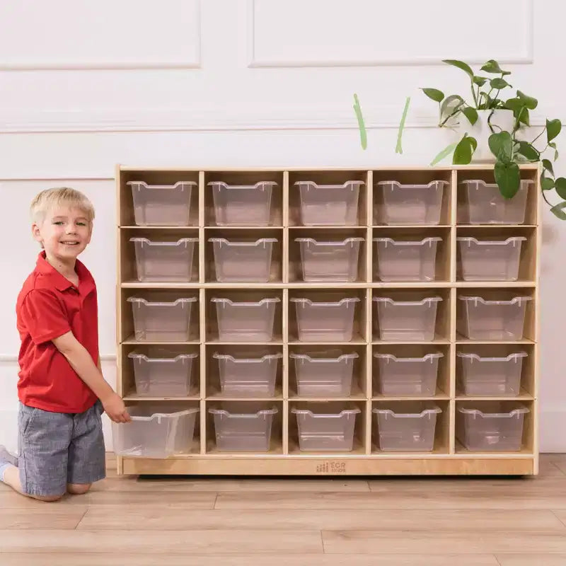 Armadietto portaoggetti mobile con 25 scomparti, 5x5, per bambini, blu/trasparente/contemporaneo/tonalità della terra