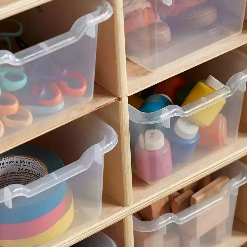 Armadietto portaoggetti mobile con 25 scomparti, 5x5, per bambini, blu/trasparente/contemporaneo/tonalità della terra