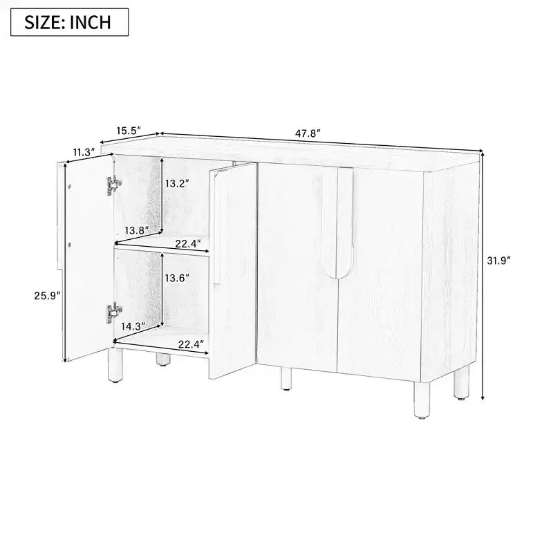 Credenza a 4 ante in legno naturale con maniglie ad arco, per 1 utente
