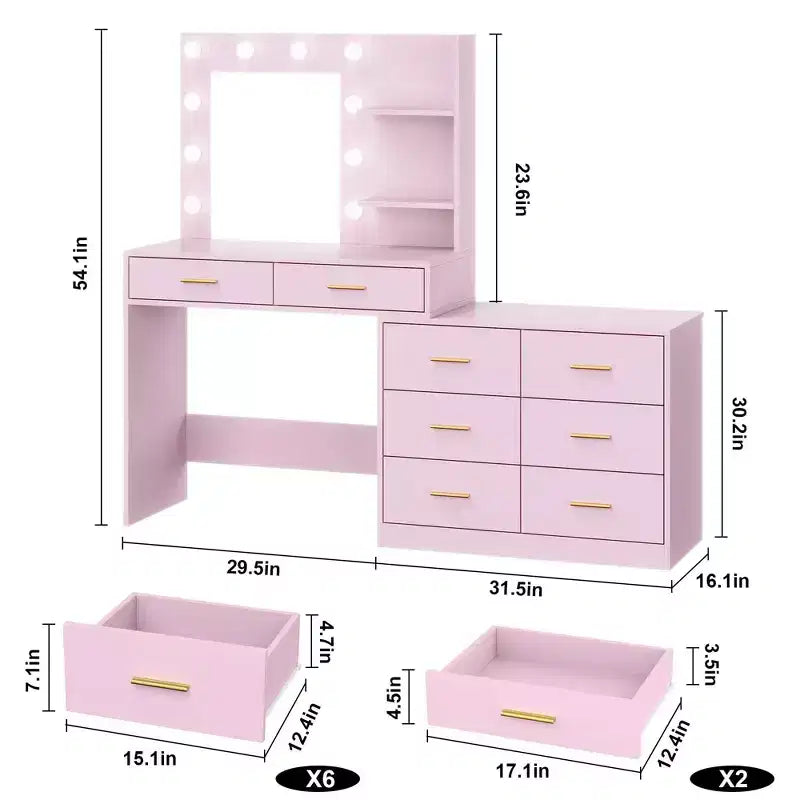 Toeletta da Trucco Rosa con Specchio e Luci, 8 Cassetti, 3 Modalità di Illuminazione, per Una Persona