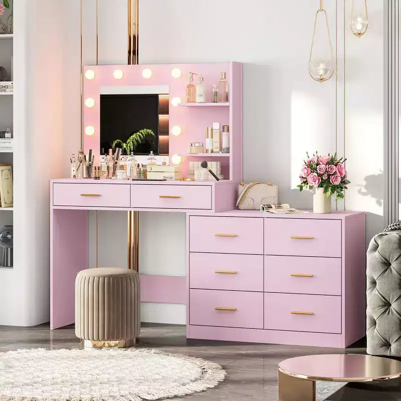 Toeletta da Trucco Rosa con Specchio e Luci, 8 Cassetti, 3 Modalità di Illuminazione, per Una Persona