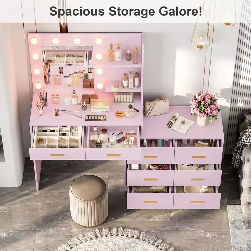 Toeletta da Trucco Rosa con Specchio e Luci, 8 Cassetti, 3 Modalità di Illuminazione, per Una Persona