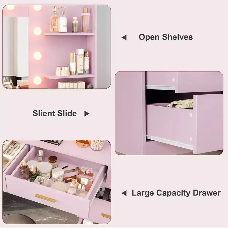Toeletta da Trucco Rosa con Specchio e Luci, 8 Cassetti, 3 Modalità di Illuminazione, per Una Persona
