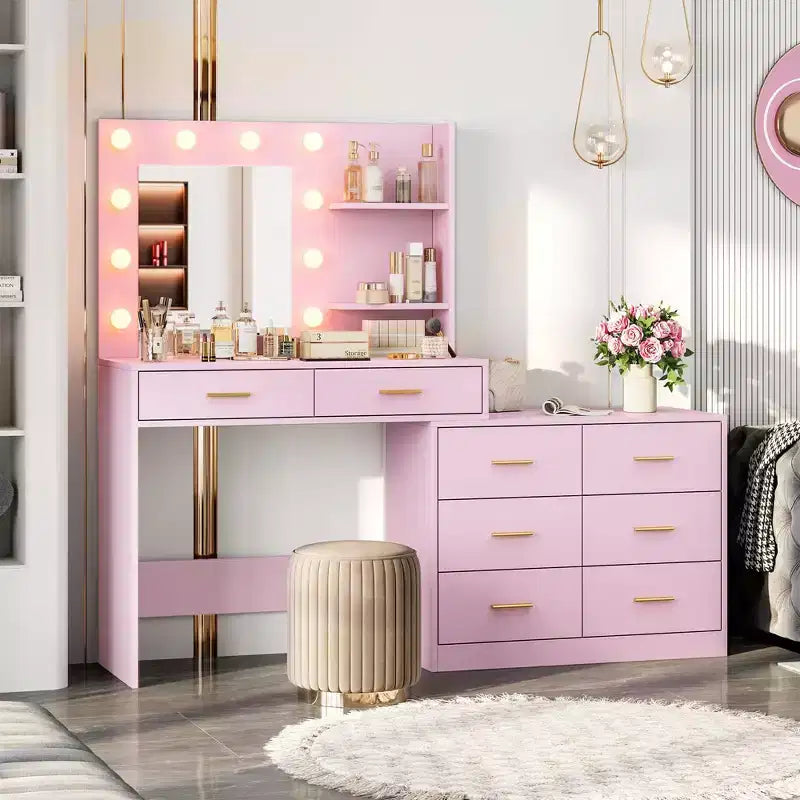 Toeletta da Trucco Rosa con Specchio e Luci, 8 Cassetti, 3 Modalità di Illuminazione, per Una Persona