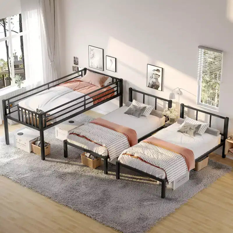 Letto a castello triplo in metallo nero per 3, da una piazza e mezza su una piazza e mezza su una piazza e mezza