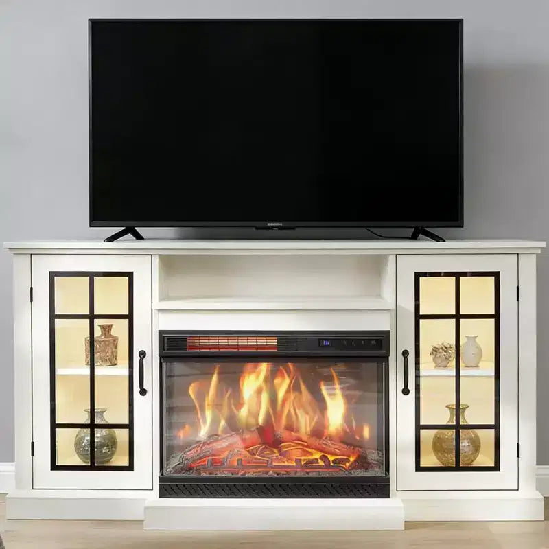 Mobile TV con camino elettrico 3-Sided Glass effetto invecchiato bianco da 59", per TV fino a 65"