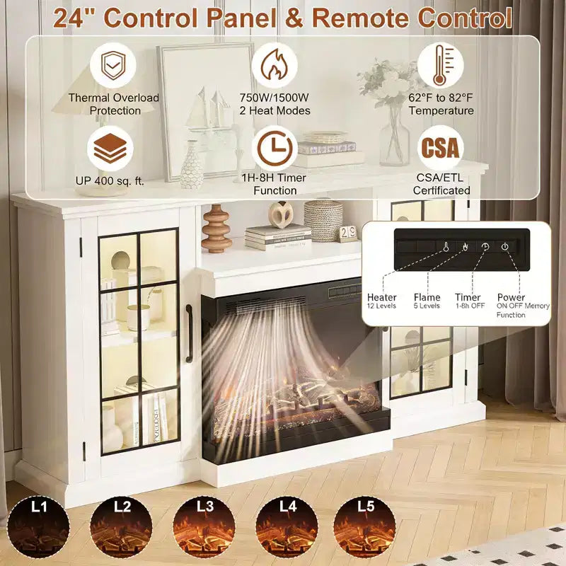 Mobile TV con camino elettrico 3-Sided Glass effetto invecchiato bianco da 59", per TV fino a 65"