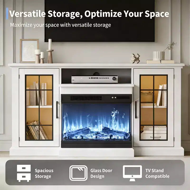 Mobile TV con camino elettrico 3-Sided Glass effetto invecchiato bianco da 59", per TV fino a 65"