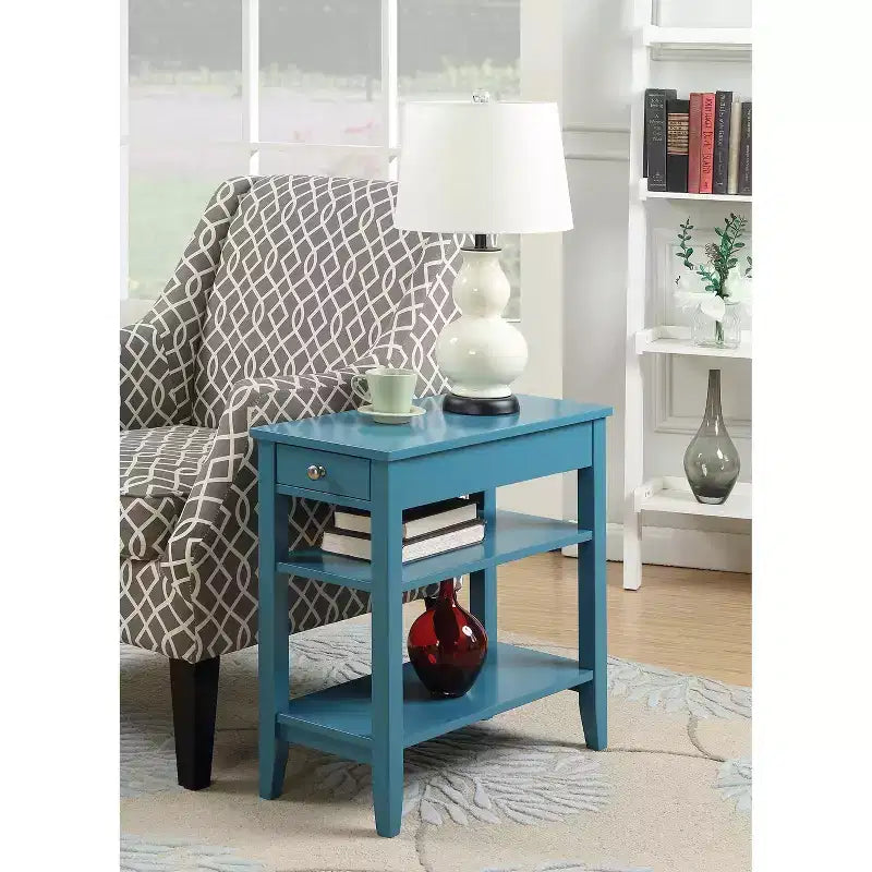 Tavolino a 3 Ripiani Blue Wood con Piano Ribaltabile e Vano Contenitore Nascosto, Uso Singolo