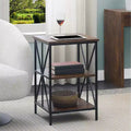 HomeStock Belmont End Table with Three Shelves, Crisscross Metal Frame and Woodgrain Finish, Modern Accent Storage Table for Living Room