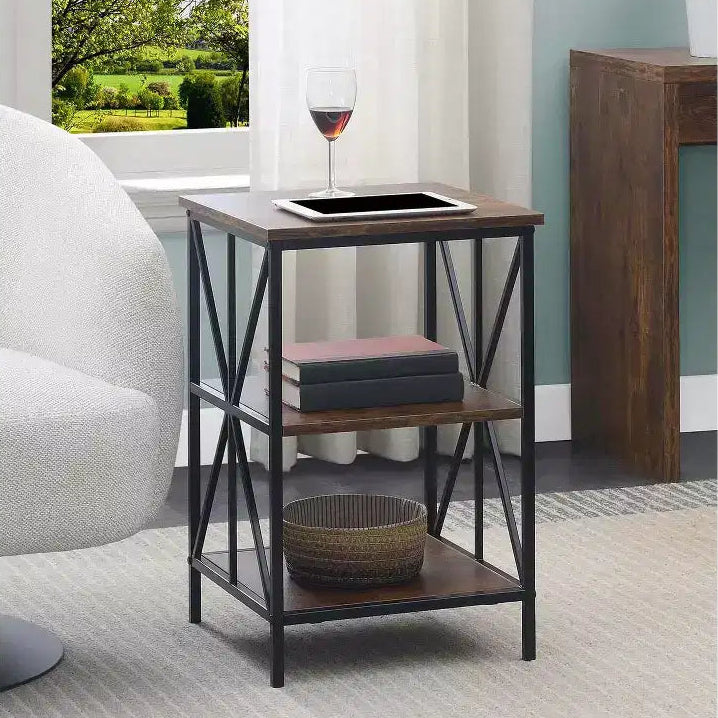 HomeStock Belmont End Table with Three Shelves, Crisscross Metal Frame and Woodgrain Finish, Modern Accent Storage Table for Living Room