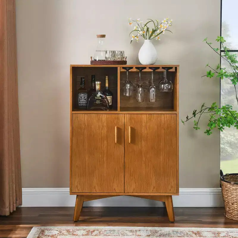 31.5-Inch Wooden Wine Cabinet with Glass Holder, Wine Rack, Adjustable Shelves, and Sideboard Storage for Kitchen or Home Bar