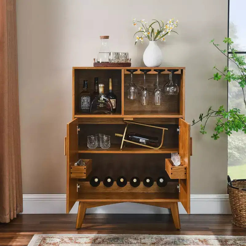 Mobile Bar Moderno Mid-Century Marrone con Portabicchieri, Unico Elemento