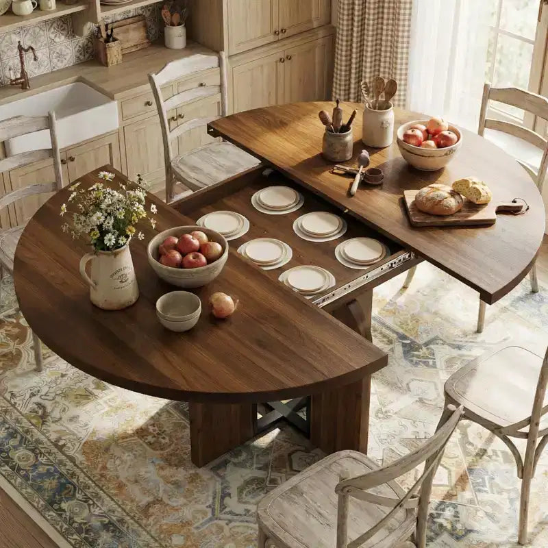 Tavolo da pranzo allungabile rotondo-ovale nero/marrone/grigio da 4-8 posti