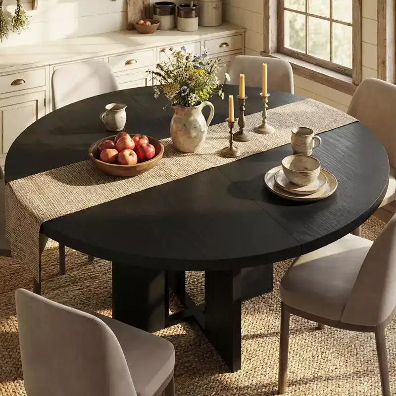 Tavolo da pranzo allungabile rotondo-ovale nero/marrone/grigio da 4-8 posti