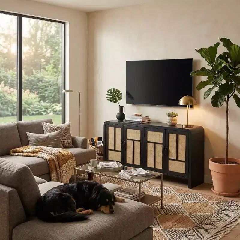 Credenza a 4 ante effetto Rattan con ripiani, Marrone