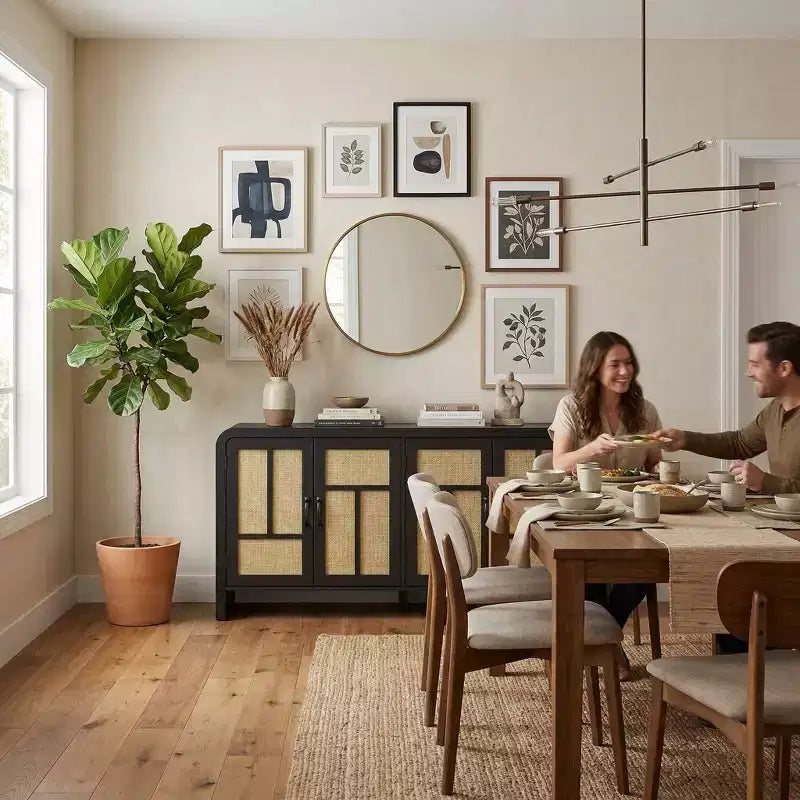 Credenza a 4 ante effetto Rattan con ripiani, Marrone