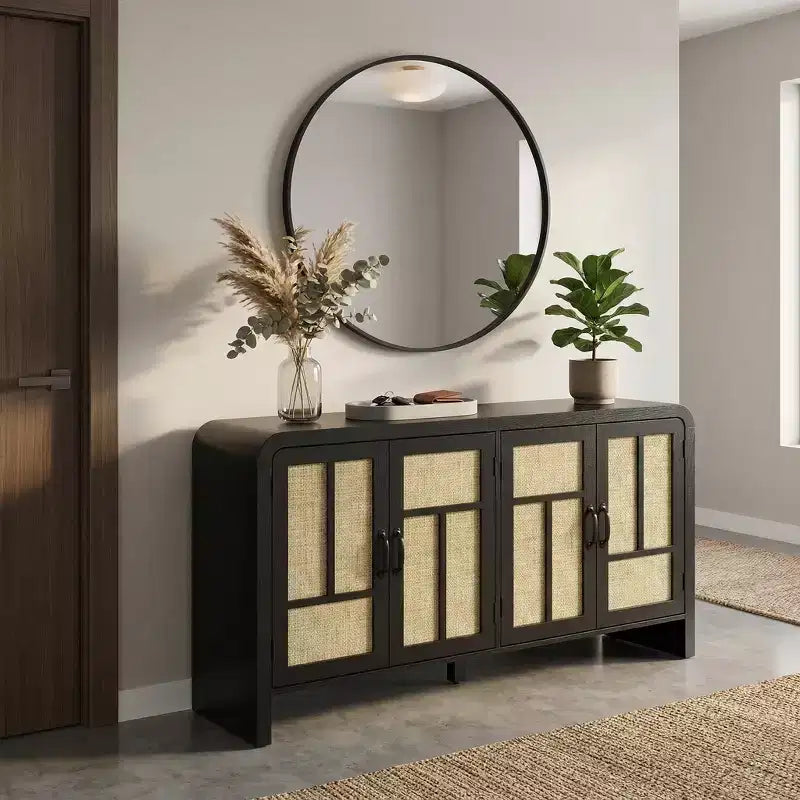 Credenza a 4 ante effetto Rattan con ripiani, Marrone