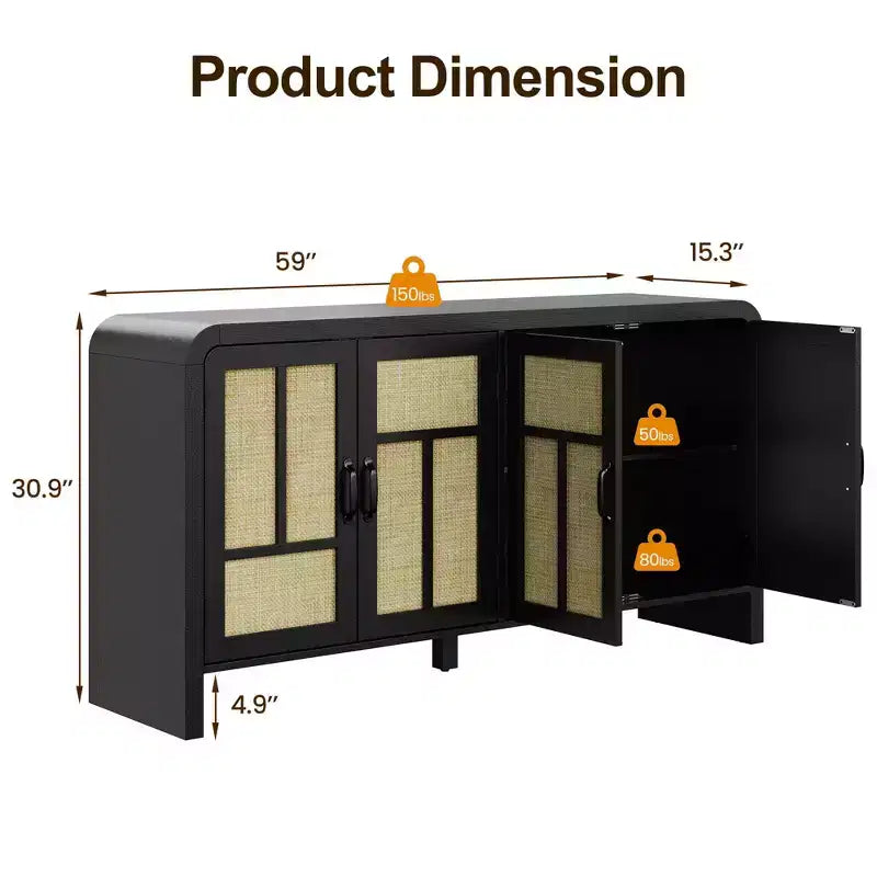 Credenza a 4 ante effetto Rattan con ripiani, Marrone