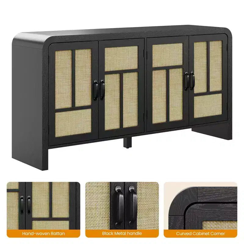 Credenza a 4 ante effetto Rattan con ripiani, Marrone