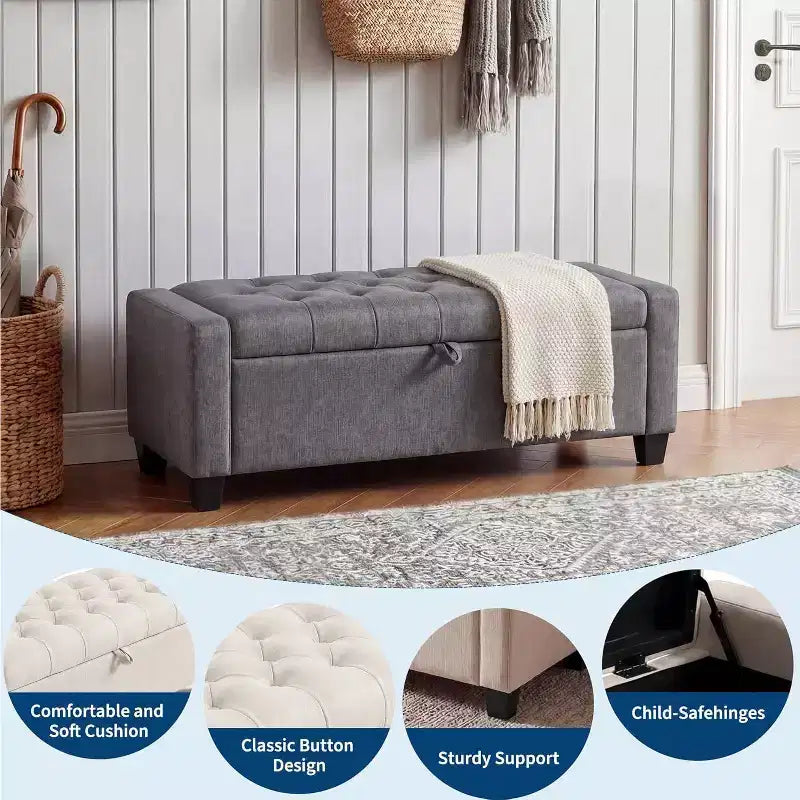 Panca/Ottomana Contenitore Trapuntata Beige/Grigio, 122 x 48 x 43 cm, 1 Posto