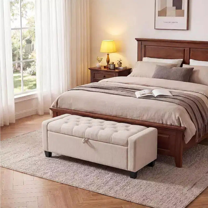 Panca/Ottomana Contenitore Trapuntata Beige/Grigio, 122 x 48 x 43 cm, 1 Posto