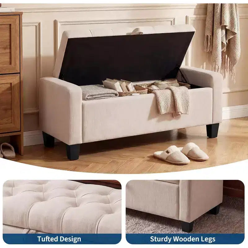 Panca/Ottomana Contenitore Trapuntata Beige/Grigio, 122 x 48 x 43 cm, 1 Posto