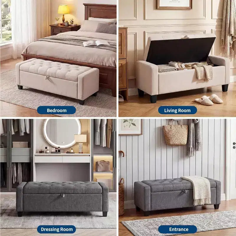 Panca/Ottomana Contenitore Trapuntata Beige/Grigio, 122 x 48 x 43 cm, 1 Posto