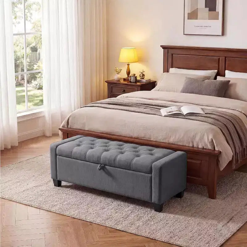 Panca/Ottomana Contenitore Trapuntata Beige/Grigio, 122 x 48 x 43 cm, 1 Posto