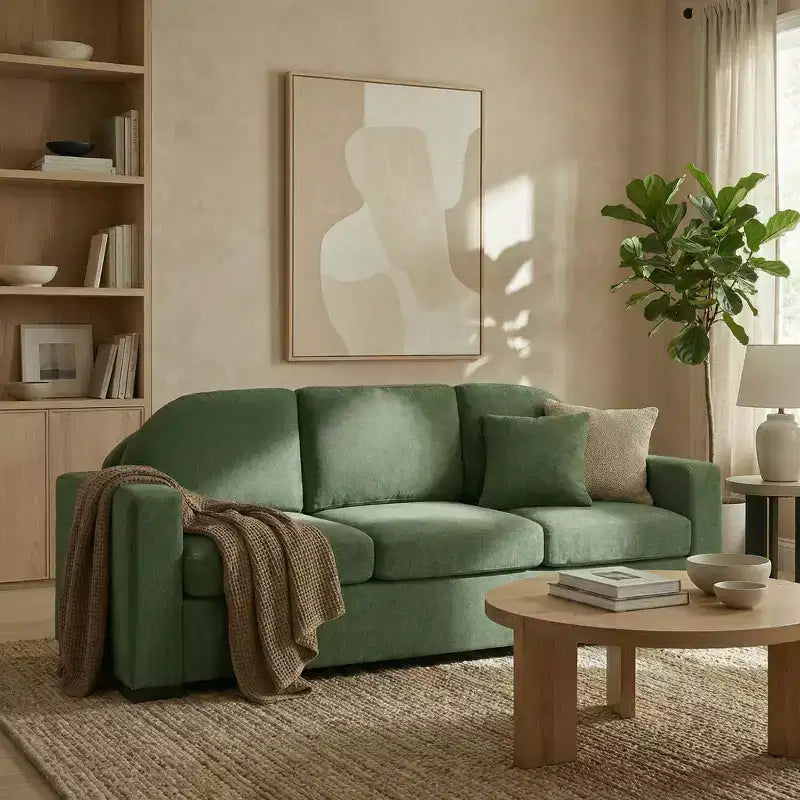 Divano a 3 posti in ciniglia beige/grigio/verde con schienale curvo