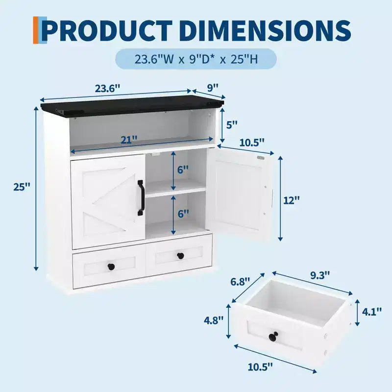 Mobiletto con ante scorrevoli a parete Bianco / Marrone / Grigio – Mobiletto da bagno sopra il WC con ripiano regolabile e cassetto, 1-2 persone