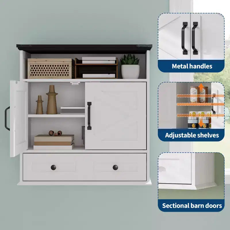 Mobiletto con ante scorrevoli a parete Bianco / Marrone / Grigio – Mobiletto da bagno sopra il WC con ripiano regolabile e cassetto, 1-2 persone